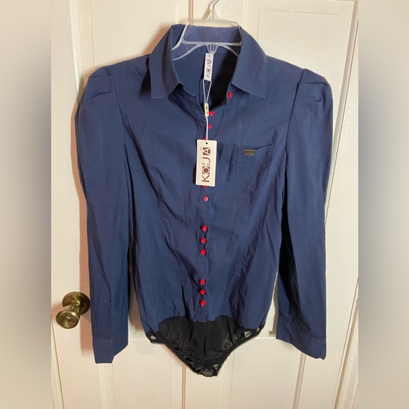Unique KOJA Dressy Button Down Navy Blouse~Suit XL (See Size Chart) - Picture 6 of 12